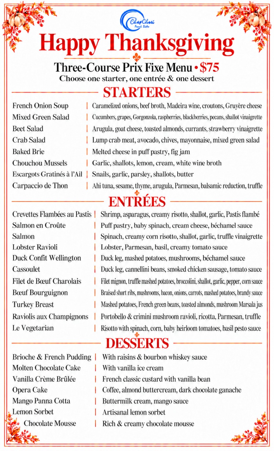 Chouchou San Francisco Thanksgiving menu: choose one starter, one entrée and one dessert for $75